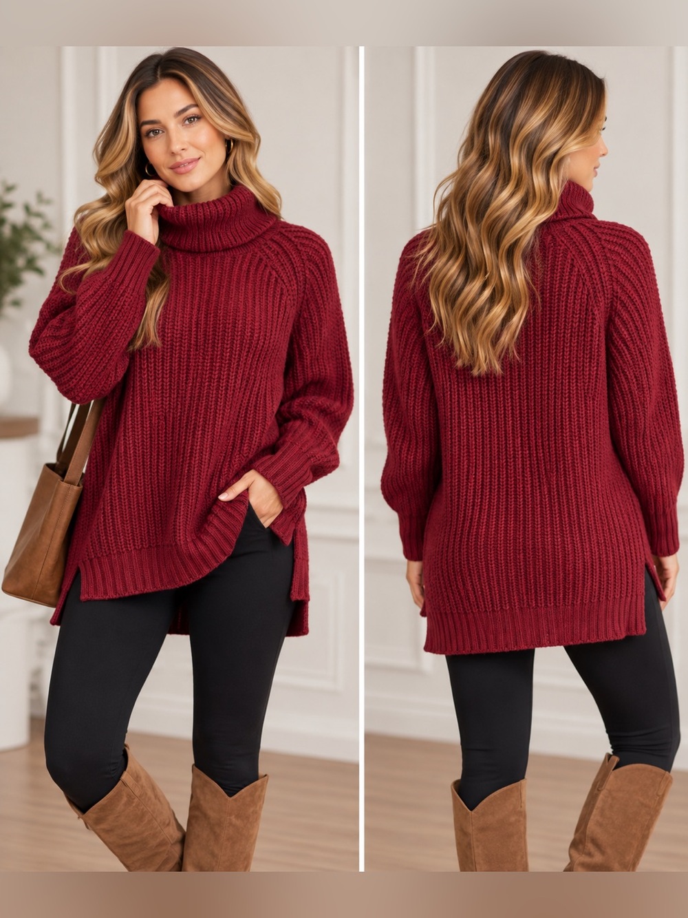 Cozy Oversized Ribbed Turtleneck Sweater - Burgundy